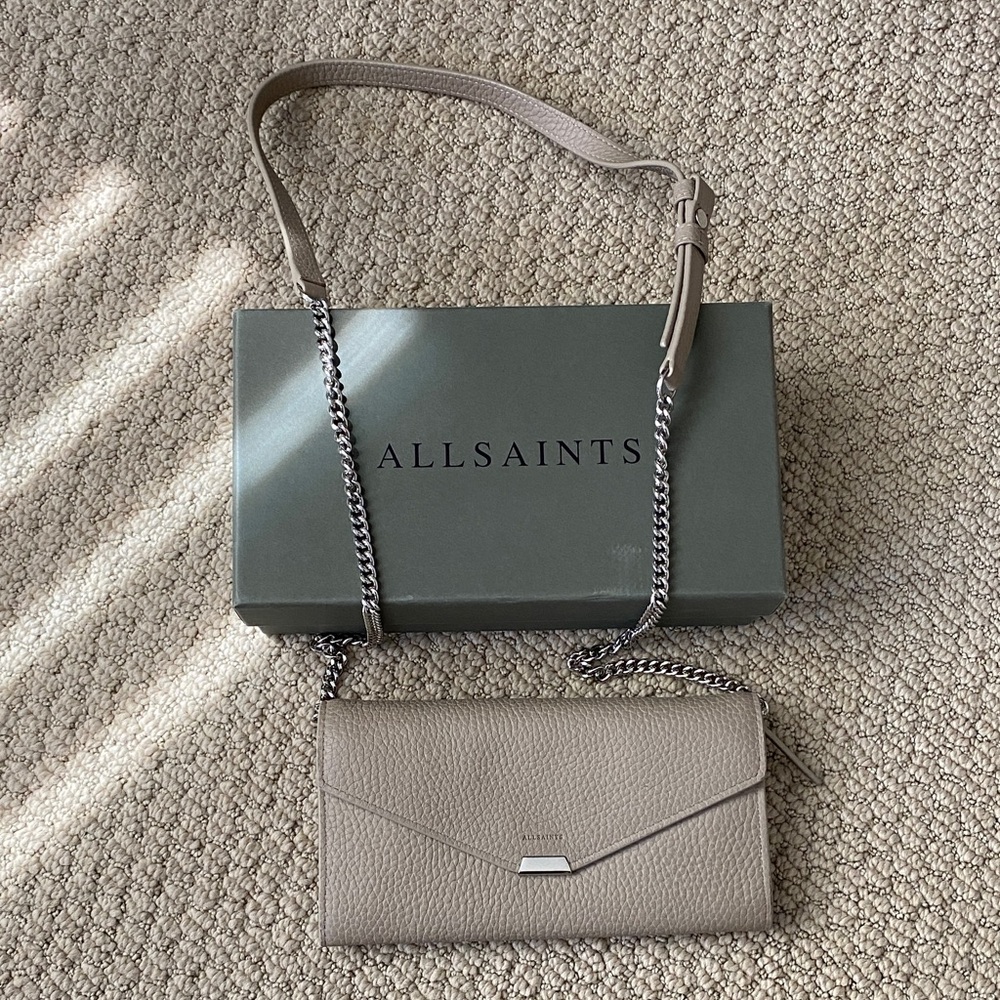 All Saints Taupe Leather Crossbody Wallet